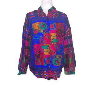 The Limited 100% Silk Multi-Color Button-Up Blouse Vintage Festival Print Sz S